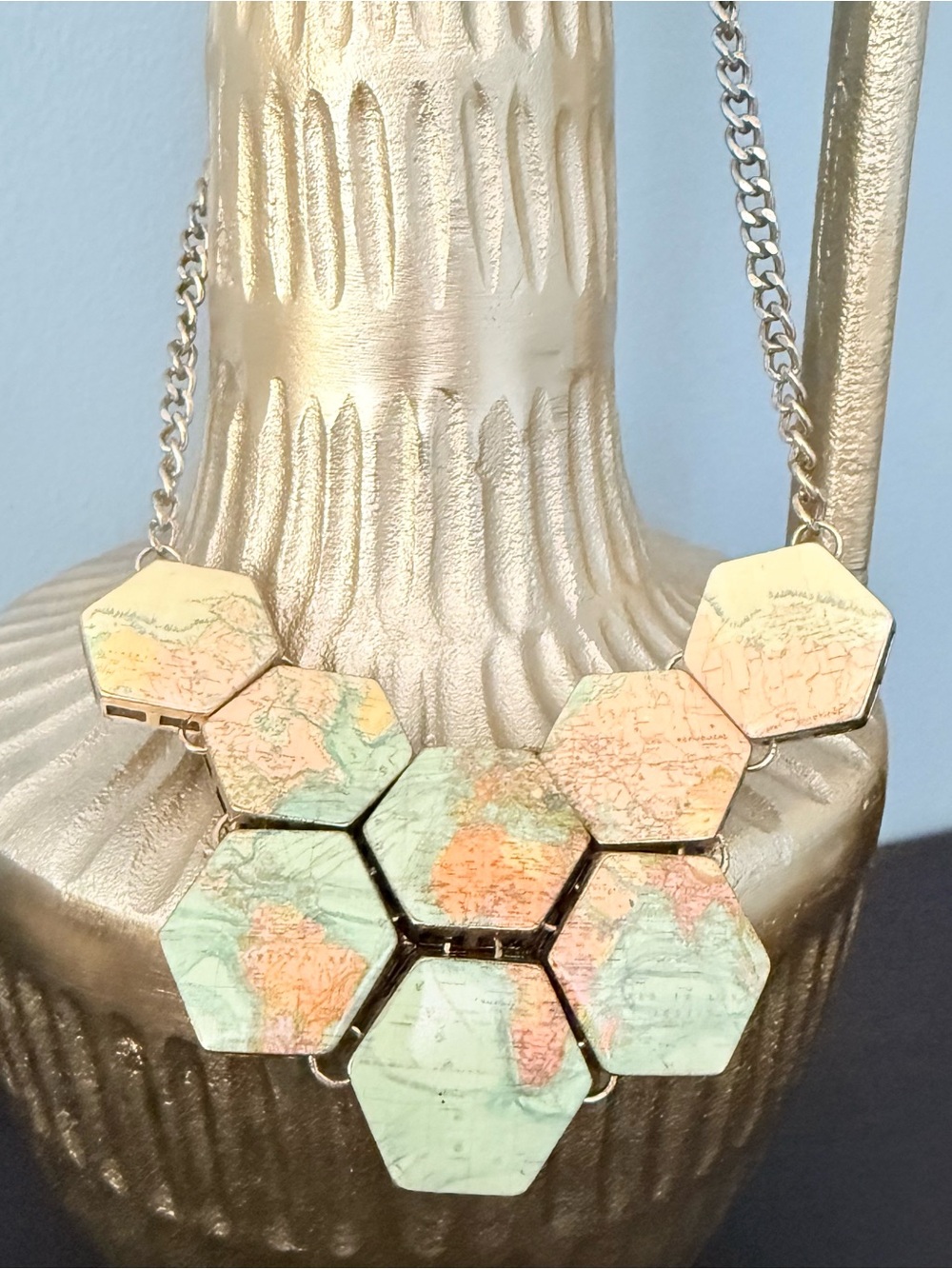 Hexagon Map Pendant Statement Necklace - Mint & Peach